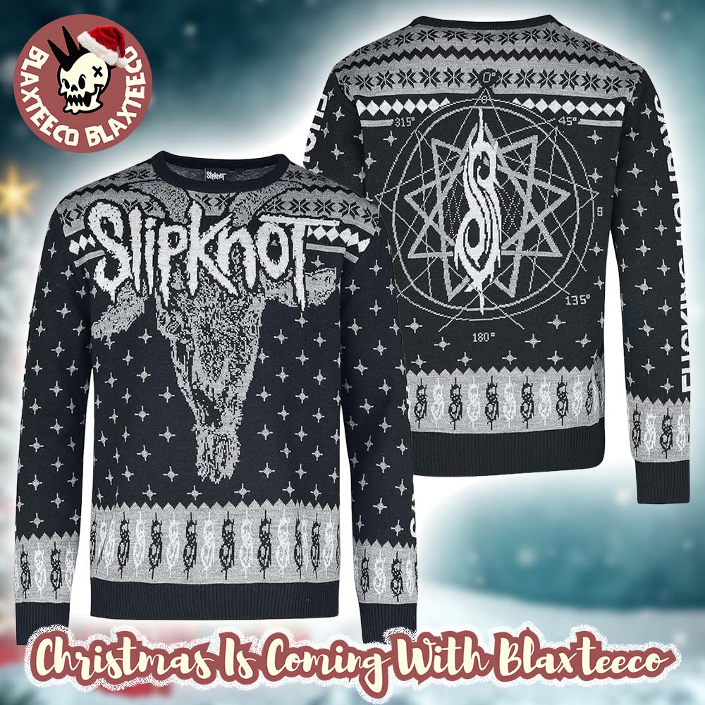 Slipknot Fucking Holidays Logo Goat Head And Tribal S Logo Blink Pattern Black And Grey Ugly Christmas Sweater