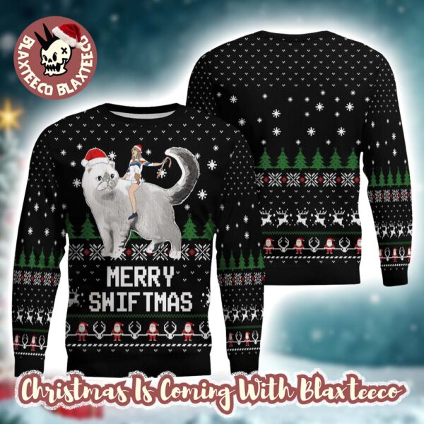 Taylor Swift Ride A Cat With Santa Hat Olivia Benson Merry Swiftmas In Black Ugly Christmas Sweater