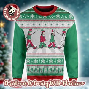 The Beatles Abbey Road Band Member As Elf Green And Red Knitted Ugly Christmas Sweater
