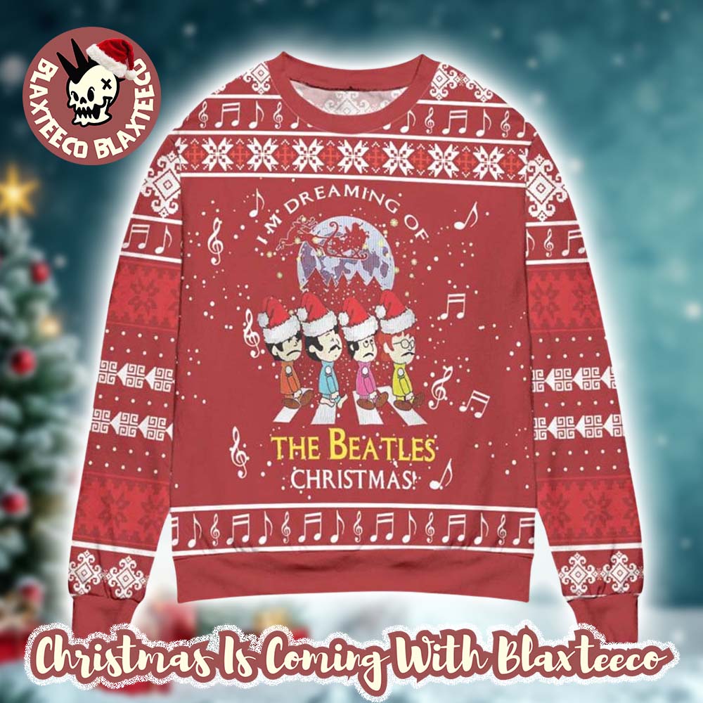 The Beatles I'm Dreaming Of The Beatles Chrismas Music Notes Peanuts Style Red Ugly Christmas Sweater