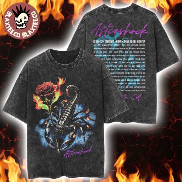 Aftershock Festival 2025 Sacramento California Love Hurts Scopion And Flame Rose With Lineup Back Washed T-Shirt