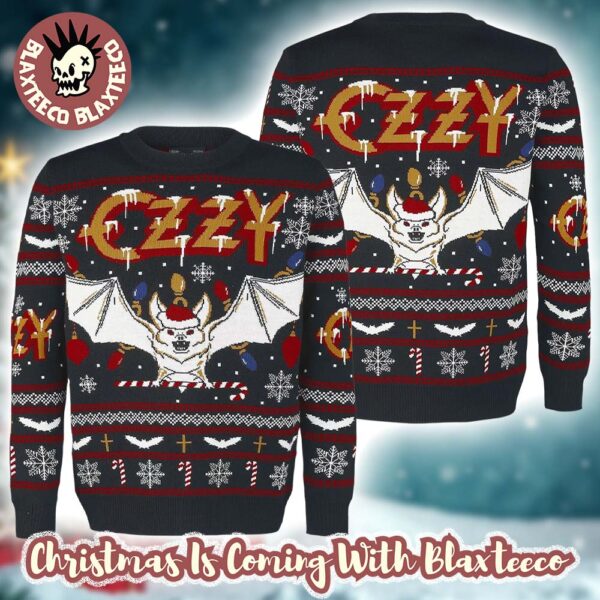 Black Sabbath Ozzy Osbourne Christmas Bat Incident With Santa Hat Holiday Bravado Ugly Christmas Sweater