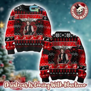 Bon Jovi Bed Of Roses Keep the Faith Inspired Knitted Black And Red Ugly Christmas Sweater