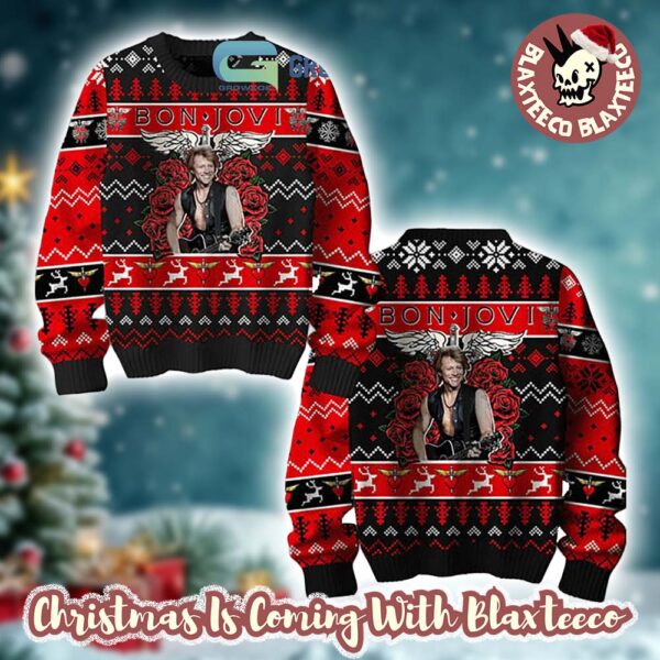 Bon Jovi Bed Of Roses Keep the Faith Inspired Knitted Black And Red Ugly Christmas Sweater