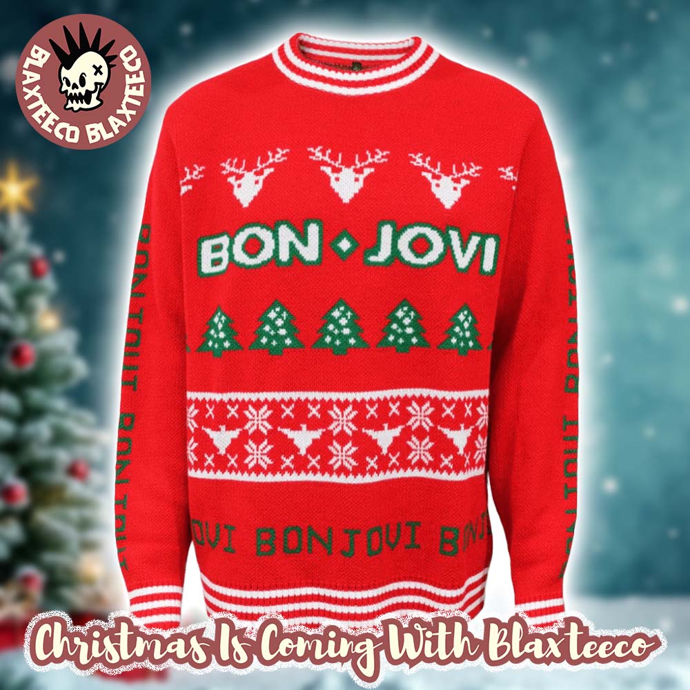 Bon Jovi Bon Tout Holiday Party Xmas Tree Red Knitted Ugly Christmas Sweater