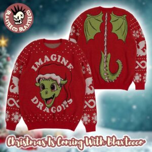 Imagine Dragon Holiday Dragon Jacquard With Santa Hat Knitted Red Ugly Christmas Sweater