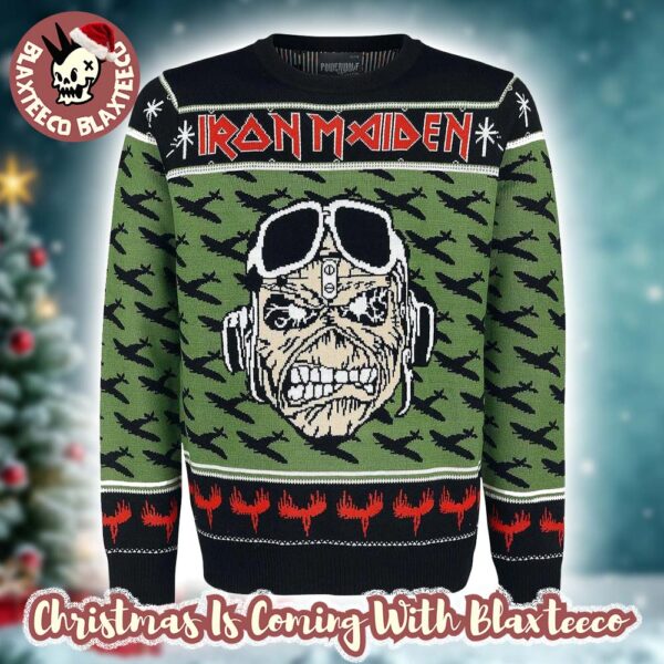 Iron Maiden A Matter of Life and Death Pilot Eddie With Airplane Pattern Ugly Christmas Sweater