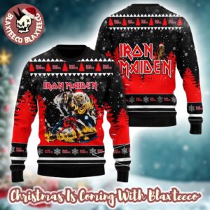 Iron Maiden Eddie The Number Of the Beast With Santa Hat Into The Snowy Night Signature Knitted Ugly Christmas Sweater