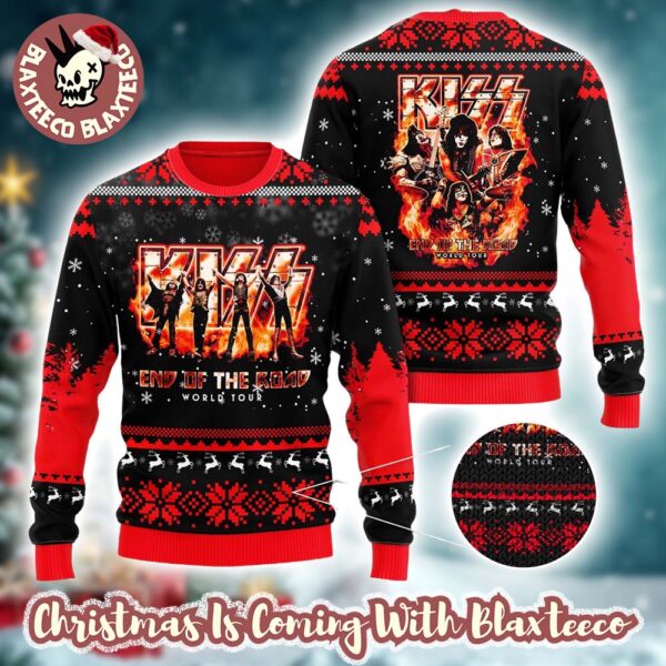 Kiss Band End Of The Road World Tour Tribute Flame Knitted Ugly Christmas Sweater