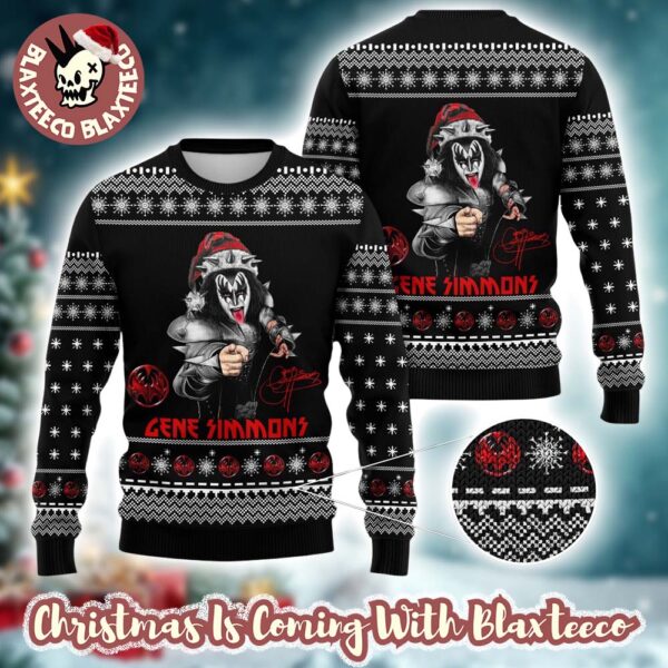 Kiss Gene Simmons With Santa Hat And Signature Xmas Holiday Best Gift For Fans Black Ugly Christmas Sweater