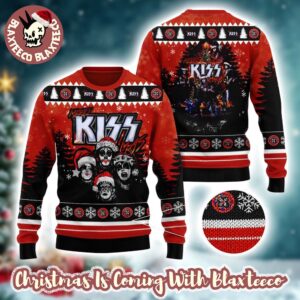 Kiss Merry Kissmas Funny Faces With Santa Hat Knitted Red Ugly Christmas Sweater