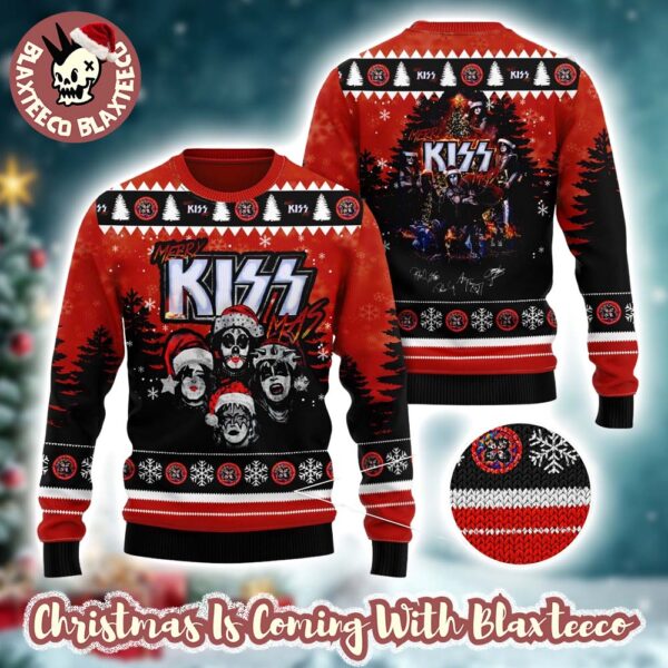 Kiss Merry Kissmas Funny Faces With Santa Hat Knitted Red Ugly Christmas Sweater
