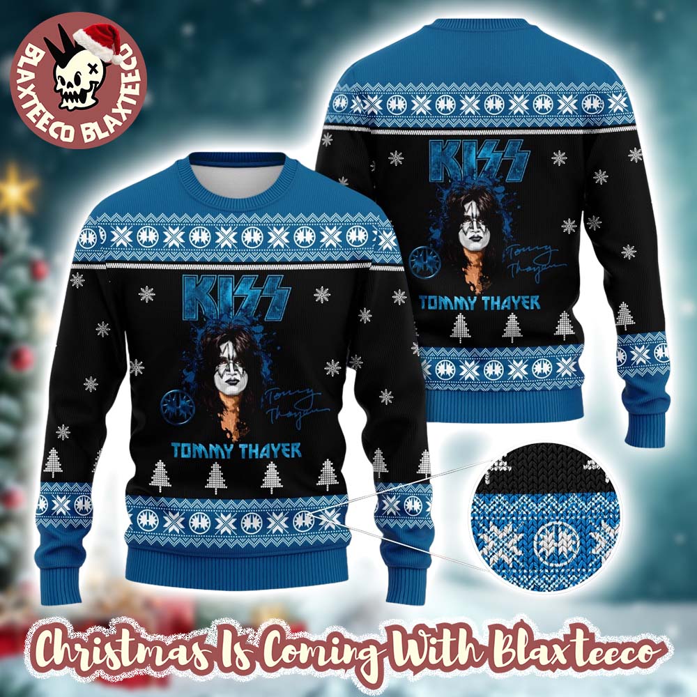 Kiss Tommy Thayer With Signature Holiday Gift Style Blue Ugly Christmas Sweater