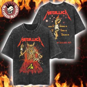 Metallica M72 World Tour Australia And New Zealand 2025 Fancards Feat Metallica Skeleton In The Volcano With Dates Back Retro Washed T-Shirt