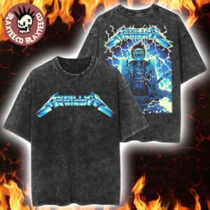 Metallica Ride The Lightning Artwork By Luke Preece Australia M72 Tour Exclusive Art Skeleton On The Electric Chair Washed T-Shirt