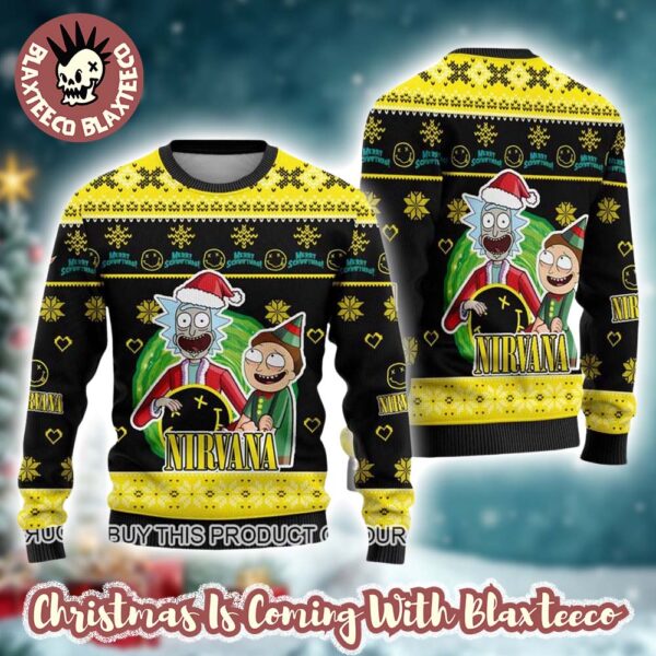 Nirvana Band X Rick and Morty Xmas 2025 Gift For Fans Black And Yellow Ugly Christmas Sweater