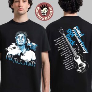 Paul McCartney Got Back Tour 2025 Graphic Of Paul McCartney With City Stops Guitar Two Sided T-Shirt
