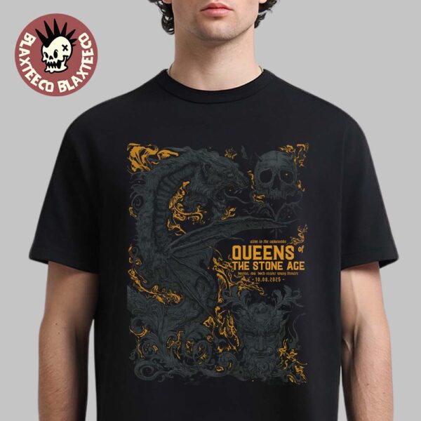 Queens Of The Stone Age Boston Massachusetts 2025 Venue Poster At Boch Center Wang Theatre On October 8 2025 Alive In The Catacombs Unisex T-Shirt