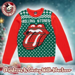 Rolling Stones Gile Style Big Tongue Logo With Green And Snowflakes Holiday Vibe Knitted Red Christmas Ugly Sweater