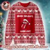Rolling Stones Holiday Logo With Santa Hat Rhombus Pattern Snowflakes Retro Style Red And Mustard Ugly Christmas Sweater