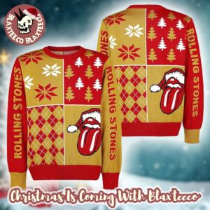 Rolling Stones Holiday Logo With Santa Hat Rhombus Pattern Snowflakes Retro Style Red And Mustard Ugly Christmas Sweater