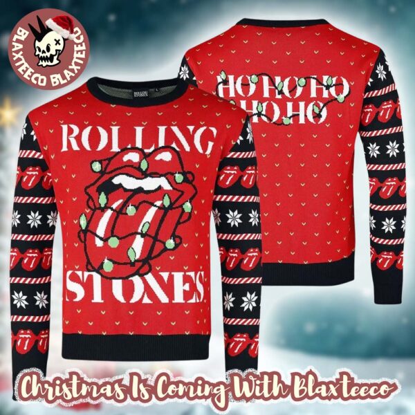 Rolling Stones Logo With Christmas Lights Twinkle Ho Ho Ho Ugly Christmas Sweater