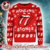 Rolling Stones Big Santa Tongue Logo With Snowy Pattern Knitted Retro Red Ugly Christmas Sweater