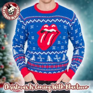 Rolling Stones Tongue Logo Retro Style 2025 Knitted Blue Ugly Christmas Sweater