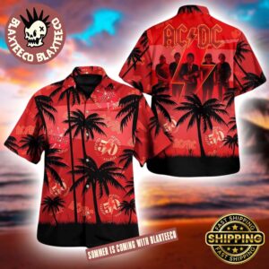 ACDC 50th Anniversary Palm Tree And Logo Pattern Red 2025 Hawaiian Shirt