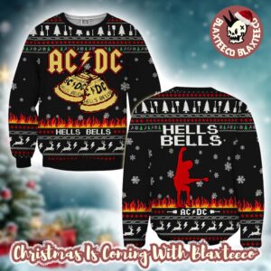 ACDC Angus Young Hells Bells With Flames And Reindeer Pattern Christmas Ugly Sweater