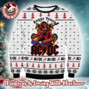 ACDC Angus Young In Throne Snowflakes Pattern Knitted White Ugly Christmas Sweater