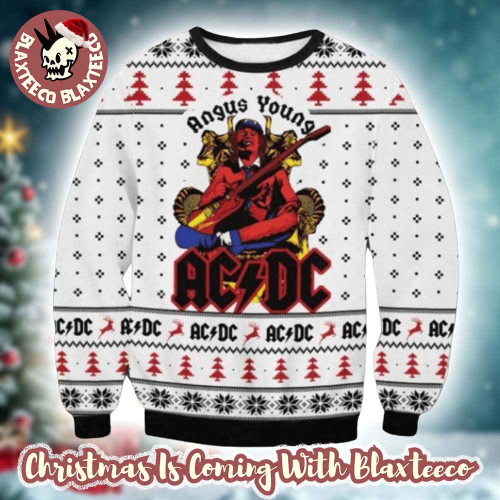 ACDC Angus Young In Throne Snowflakes Pattern Knitted White Ugly Christmas Sweater ACDC Angus Young In Throne Snowflakes Pattern Knitted White Ugly Christmas Sweater