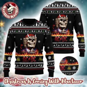 ACDC Angus Young Skeleton In Flame 2025 Knitted Black Ugly Christmas Sweater