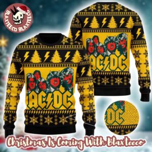 ACDC Band Funny Graphics Snowflakes And Thunder Pattern Knitted Black And Yellow Christmas Ugly Sweater