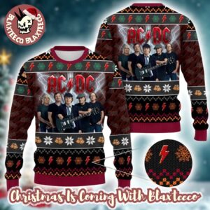 ACDC Band Members Photo Snowflakes And Thunder Logo Pattern Knitted Ugly Christmas Sweater