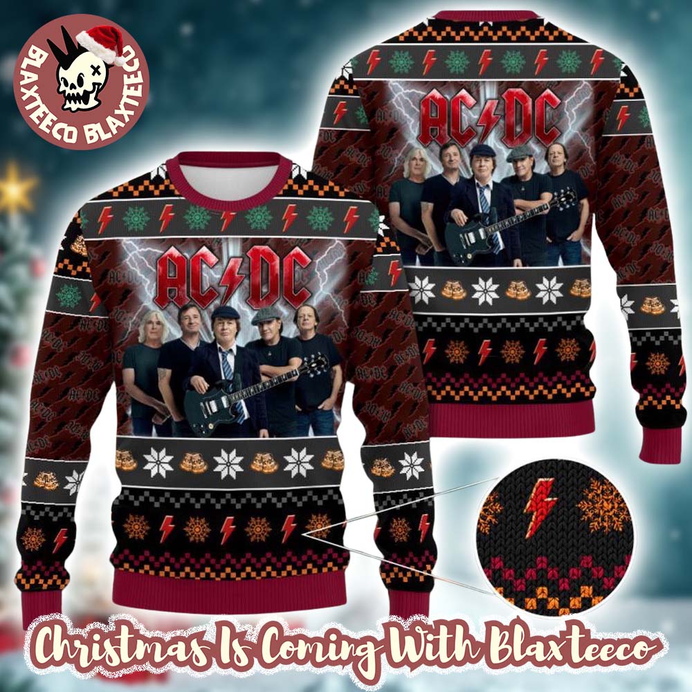 ACDC Band Members Photo Snowflakes And Thunder Logo Pattern Knitted Ugly Christmas Sweater ACDC Band Members Photo Snowflakes And Thunder Logo Pattern Knitted Ugly Christmas Sweater