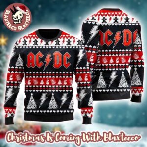 ACDC Band Signature Logo With Thunder And Xmas Tree Pattern 2025 Ugly Christmas Sweater