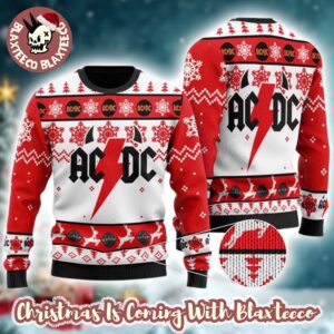ACDC Big Logo Thunder With Horns Holiday Pattern Red And White Ugly Christmas Sweater
