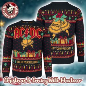 ACDC Lock Up Your Presents Jingle Bells Holiday 2025 Knitted Ugly Christmas Sweater