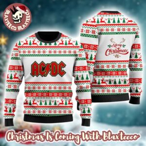 ACDC Merry Christmas Signature Logo With Holiday Pattern Knitted White Ugly Christmas Sweater