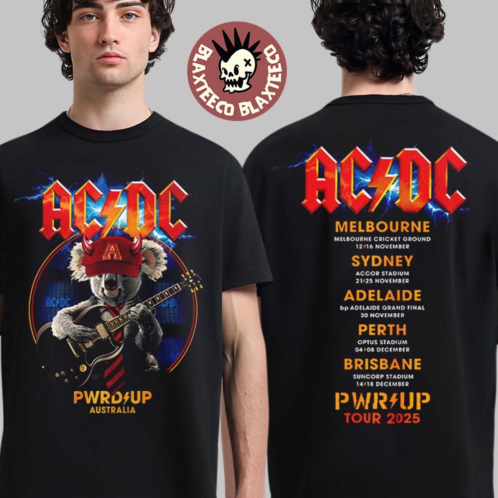 ACDC PWR Up Australia 2025 Angus Koala PWR UP Tour With Dates Back Two Sided T-Shirt ACDC PWR Up Australia 2025 Angus Koala PWR UP Tour With Dates Back Two Sided T-Shirt