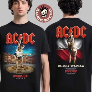 ACDC PWR Up Warsaw Polska 2025 Exclusive Merch Tee At PGE Narodowy On July 4 2025 Angus Young Statue Art Two Sided T-Shirt