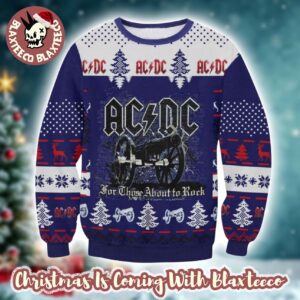 ACDC Signature Cannon For Those About To Rock Knitted Purple Ugly Christmas Sweater