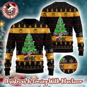 ACDC Signature Logo Christmas Tree Art Black And Gold Knitted Christmas Ugly Sweater