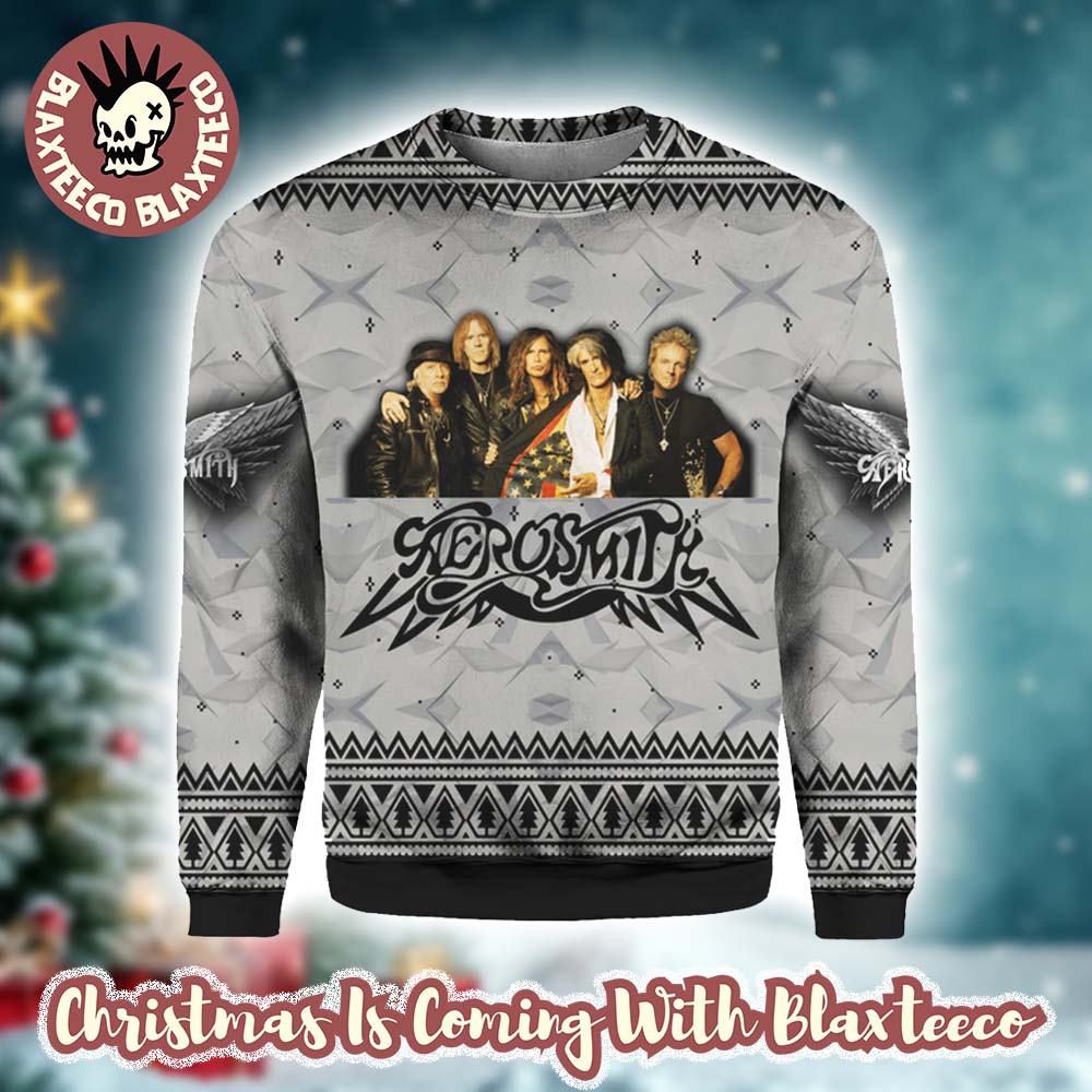 Aerosmith Band Members Photo Wings Logo Knitted Grey Ugly Christmas Sweater