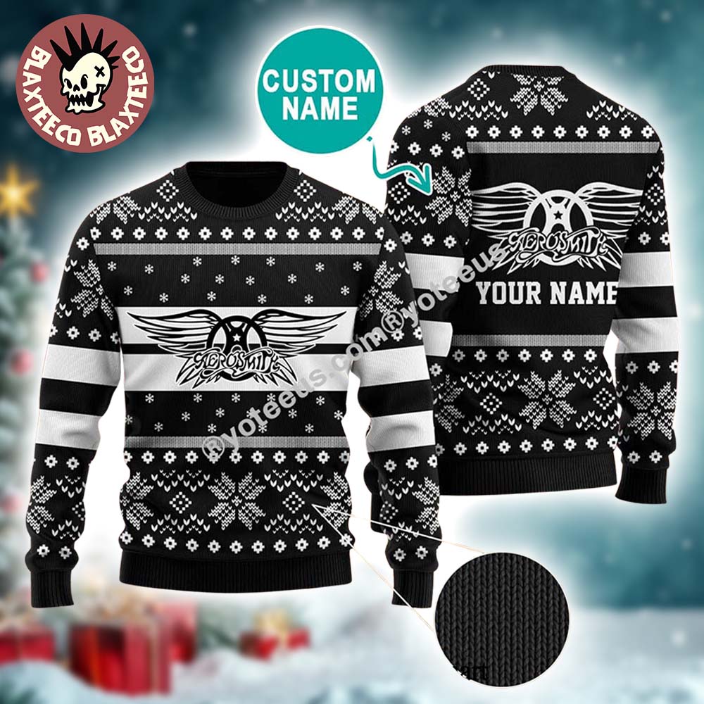 Aerosmith Classic Logo Personalized Knitted Black Ugly Christmas Sweater 2025 Aerosmith Classic Logo Personalized Knitted Black Ugly Christmas Sweater 2025