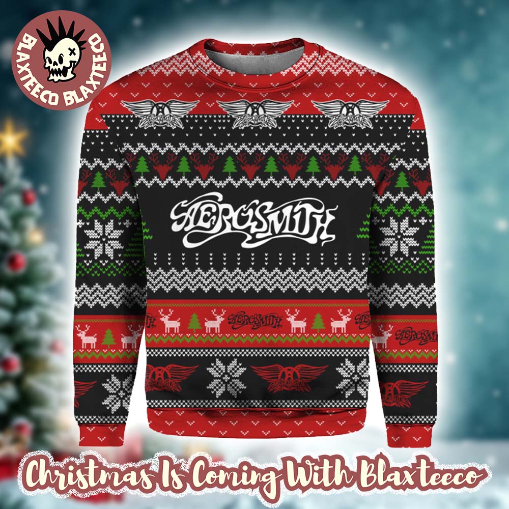 Aerosmith Full Print Logos Holiday Style Pattern Knitted Ugly Christmas Sweater For Fans