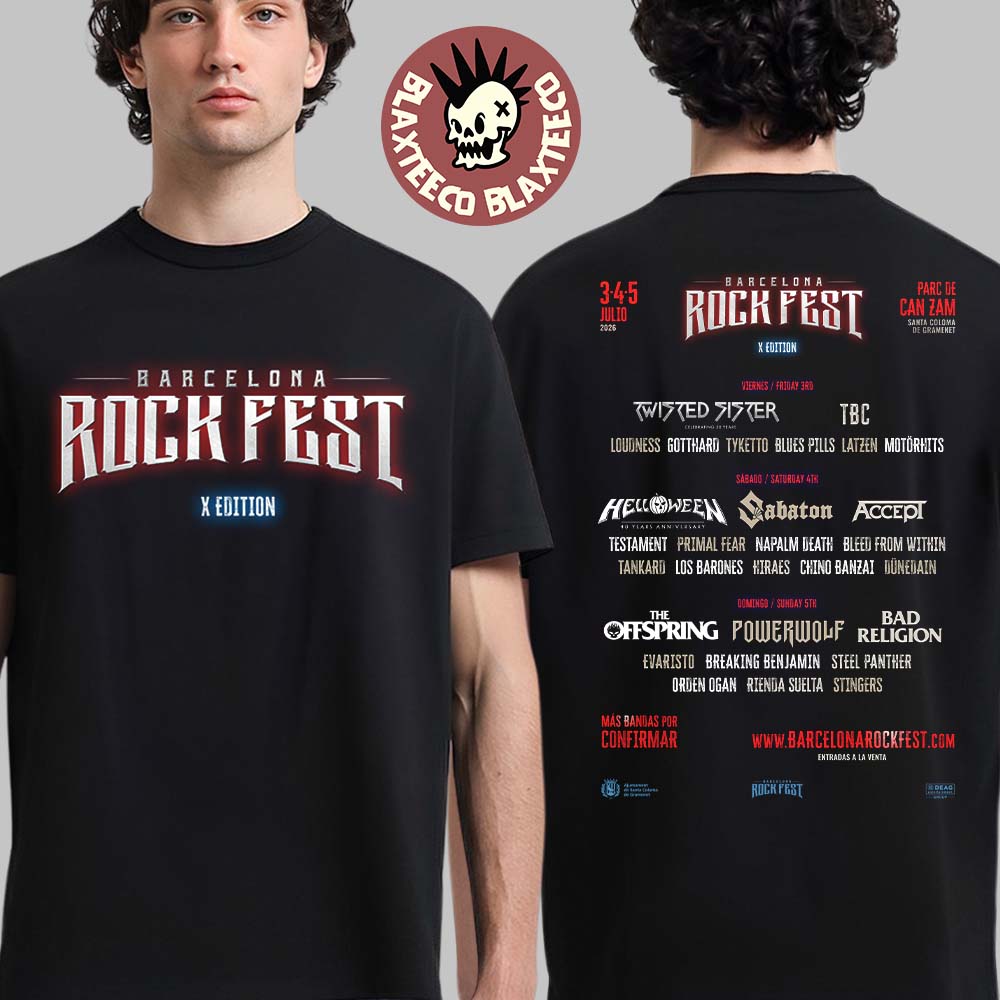 Barcelona Rock Fest 2026 Full Lineup At Parc de Can Zam In Santa Coloma de Gramenet On July 3 4 5 2026 Two Sided T-Shirt Barcelona Rock Fest 2026 Full Lineup At Parc de Can Zam In Santa Coloma de Gramenet On July 3 4 5 2026 Two Sided T-Shirt