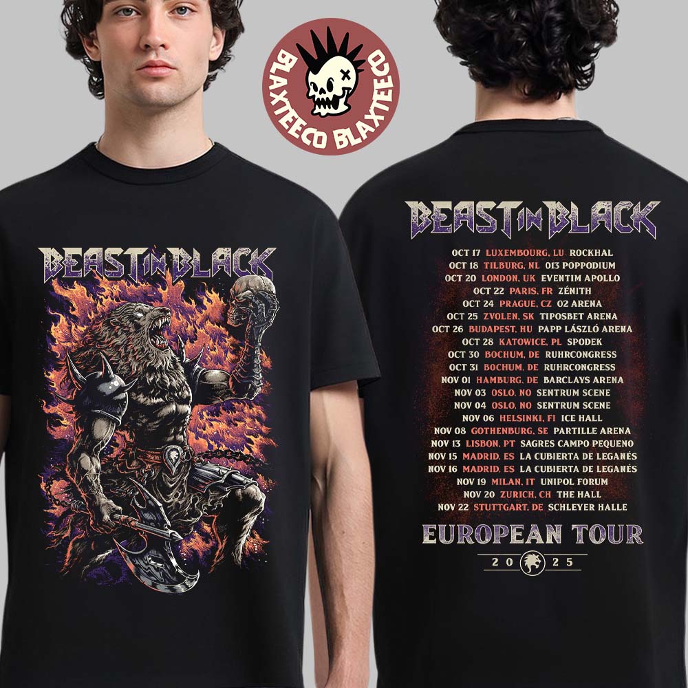 Beast In Black European Tour 2025 Merch Tee Flamming Warrior Beast With Dates Back Two Sided T-Shirt Beast In Black European Tour 2025 Merch Tee Flamming Warrior Beast With Dates Back Two Sided T-Shirt