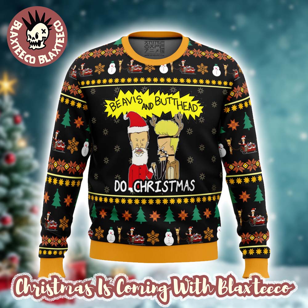 Beavis and Butthead Do Christmas Funny Santa And Reindeer Ugly Christmas Sweater